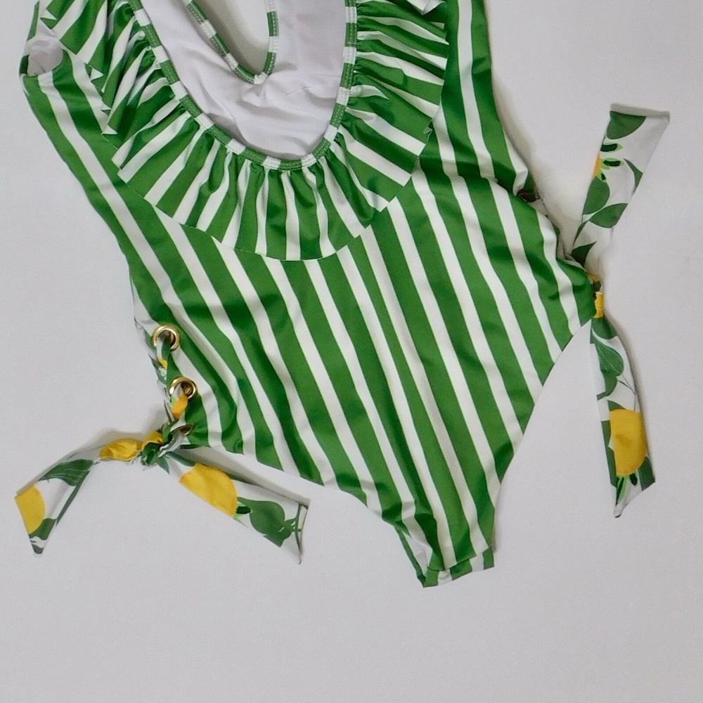 Anthropologie Green and White Striped Ruffle One-Piece Swim - Picture 10 of 13